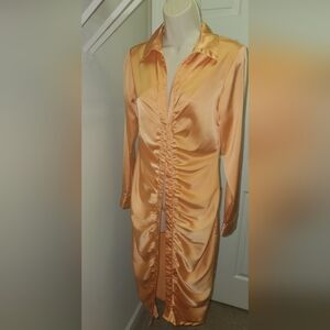 Elegant Long Sleeve Satin Dress - Orange